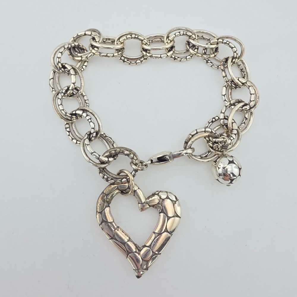 BRIGHTON 'Pebble Heart' Bracelet Charm Etch River Rock Silver Plate 7.75"